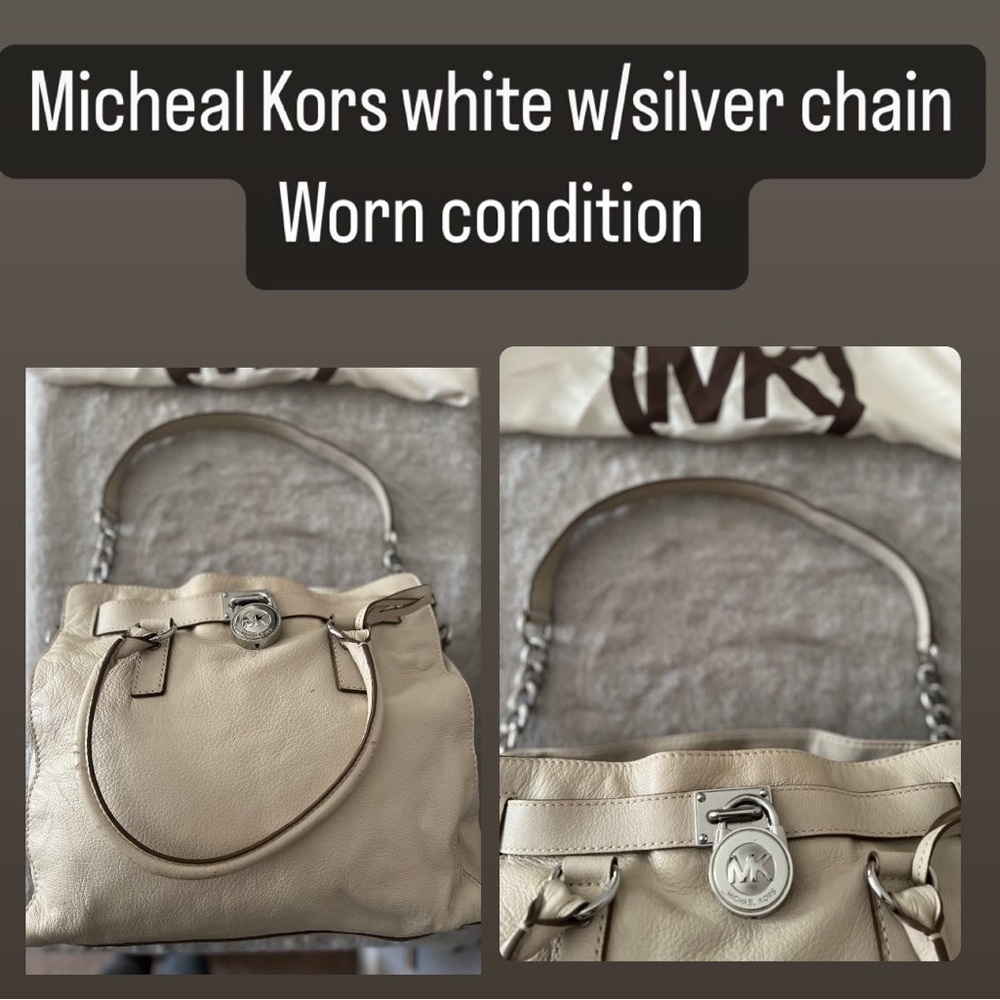 White leather Michael Kors large bag with silver chain Accents